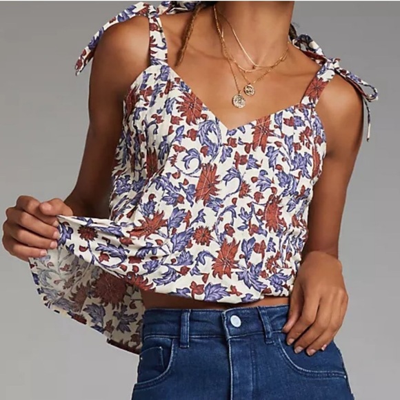 Anthropologie Tie Strap Peplum Floral Cotton Tank Top - Picture 1 of 13
